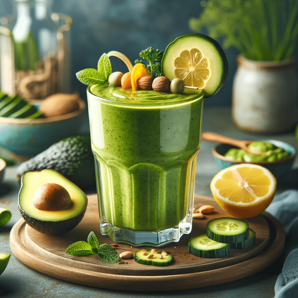 Een groene, romige keto smoothie in een helder glas, met ingrediënten zoals avocado, spinazie, komkommer, citroen, kurkuma en gember. De smoothie is v