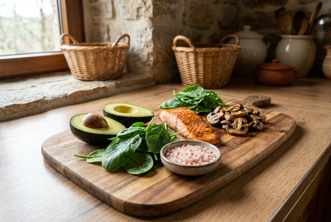 Keto voeding rijk aan elektrolyten zoals avocado, spinazie en zalm