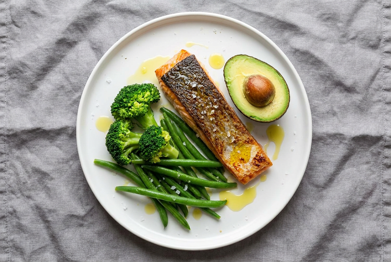 Keto maaltijd met groene groenten en avocado op een bord