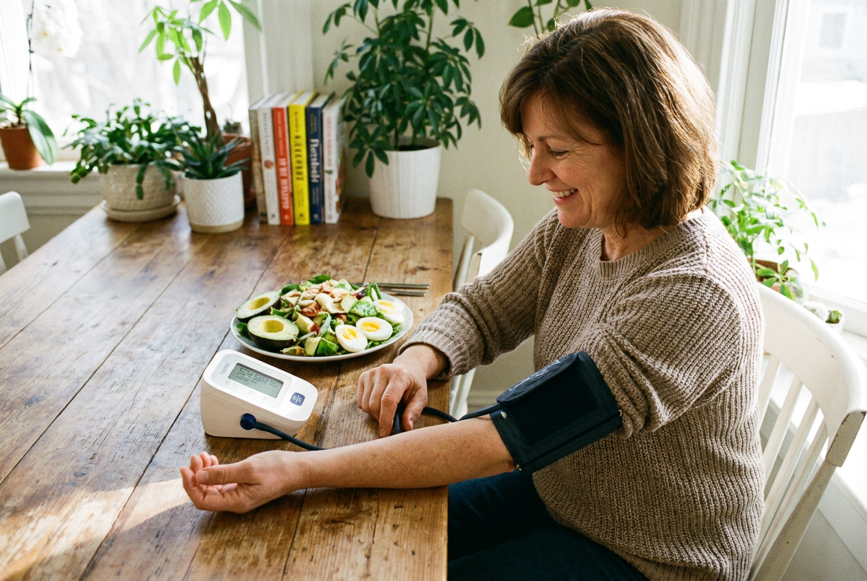 Bloeddrukmeter met gezonde keto voeding op de achtergrond