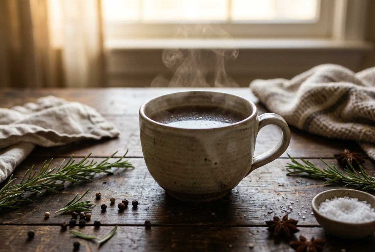 Warme boterbouillon in een keramische kop, ideaal voor darmgezondheid bij keto