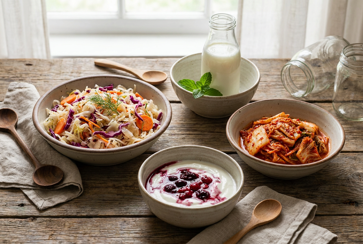 Gefermenteerde voeding zoals zuurkool, kimchi en kefir die je darmflora ondersteunen bij het keto dieet
