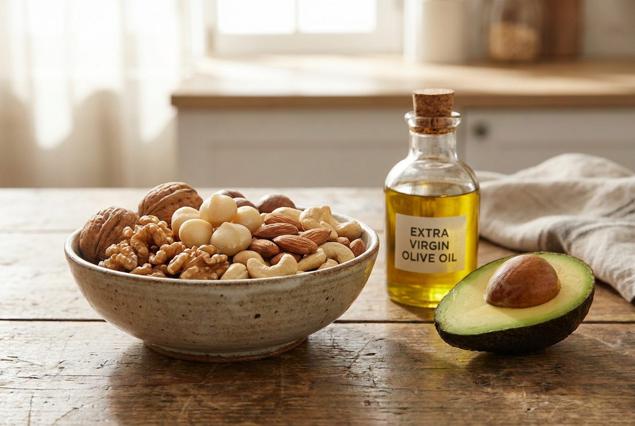 Gezonde keto vetten zoals noten, olijfolie en avocado voor een goed cholesterolprofiel