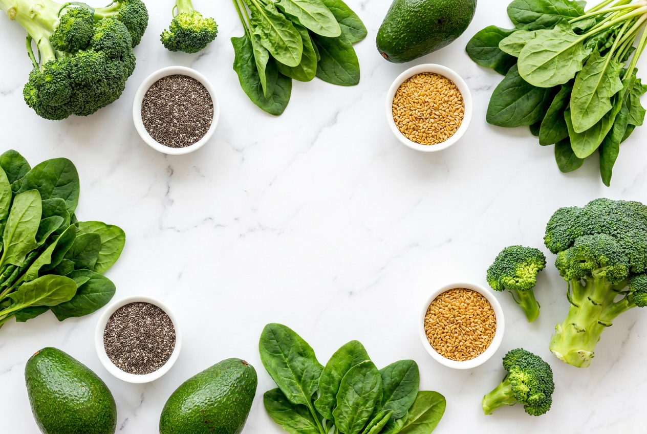 Vezelrijke keto groenten zoals broccoli, spinazie en avocado voor een gezond microbioom