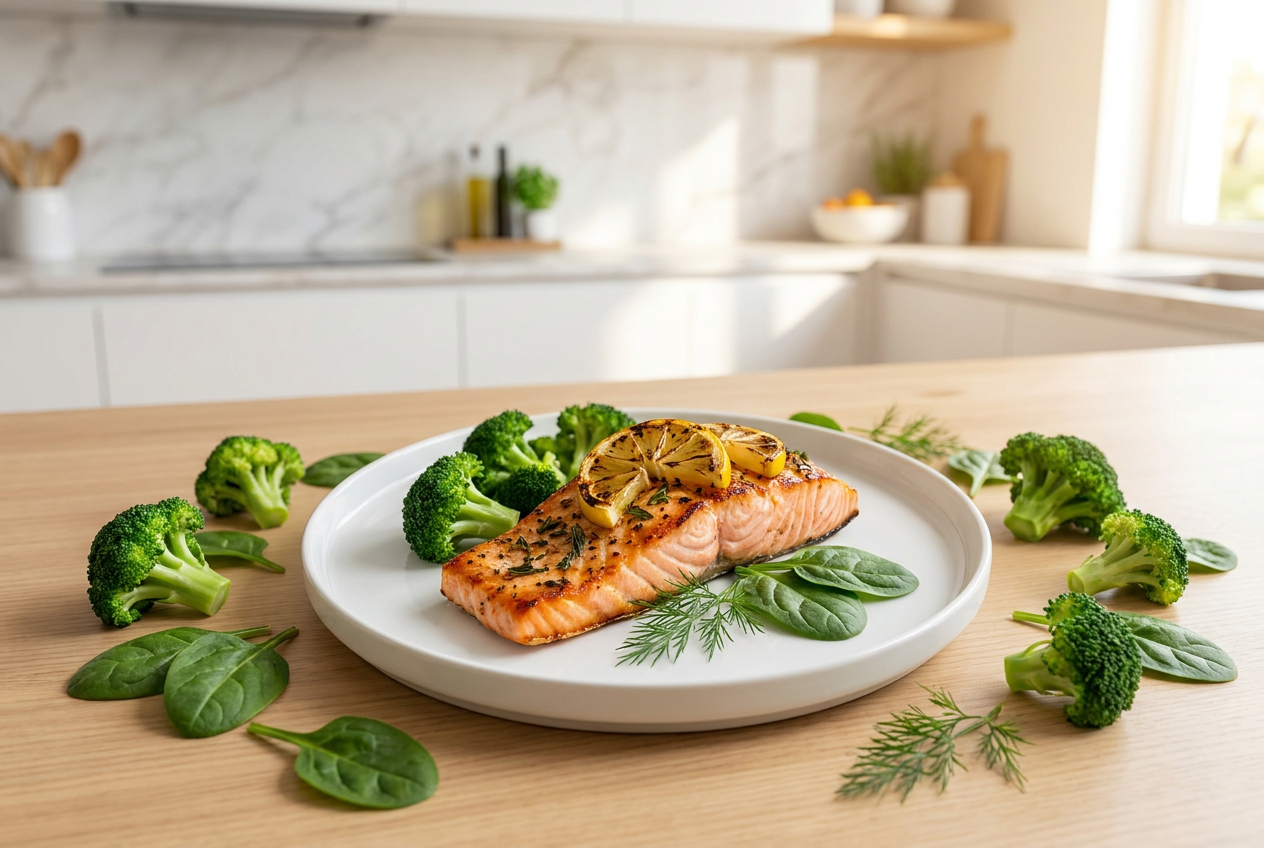 Gegrilde zalm met groenten, rijk aan omega-3 vetzuren die triglyceriden verlagen