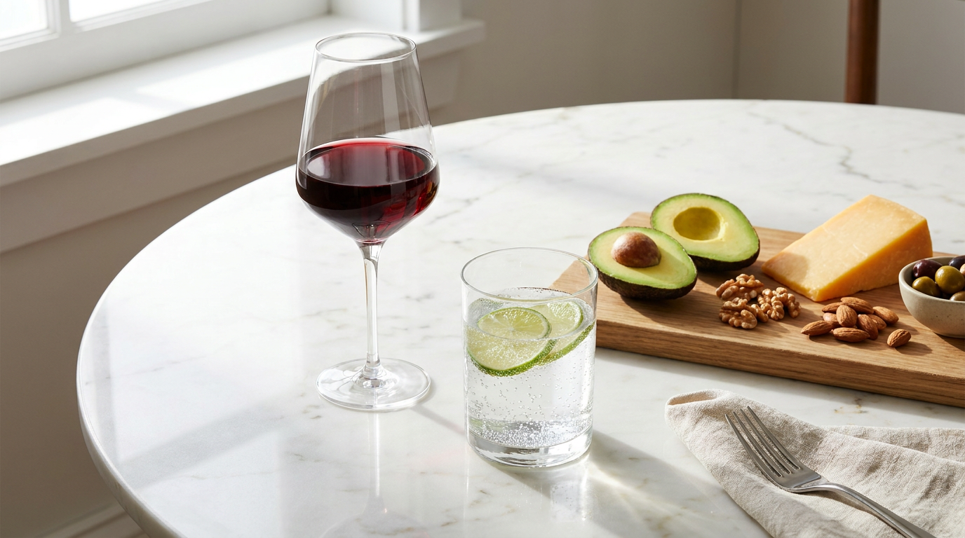 Keto en alcohol: glas droge rode wijn en bruisend water op tafel