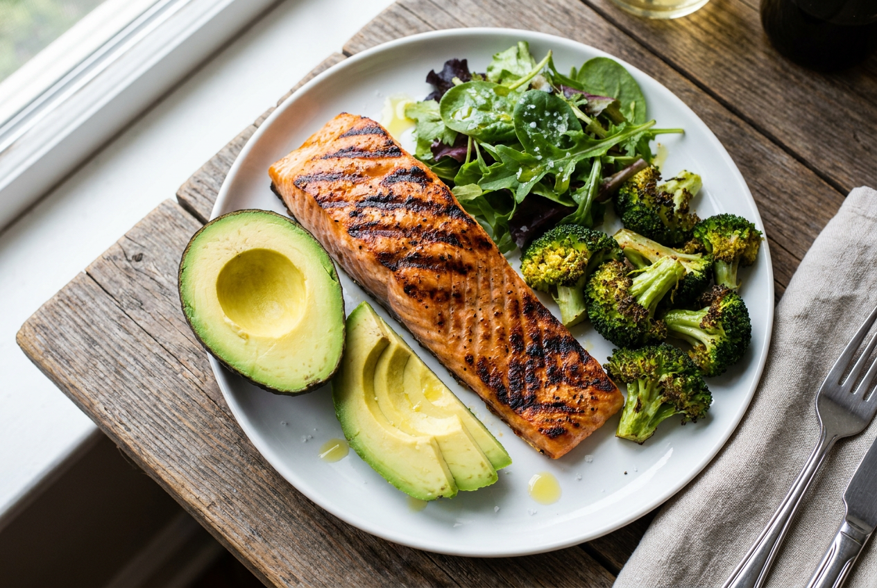 Keto bord met zalm avocado en groenten weinig koolhydraten
