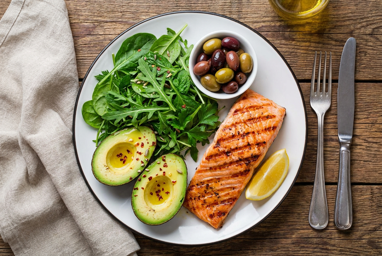 Keto bord met zalm, groene salade en avocado