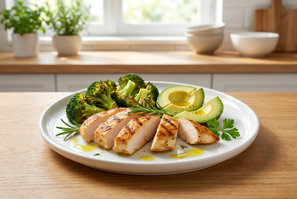 Keto bord met kip broccoli en avocado voor stabiele bloedsuiker