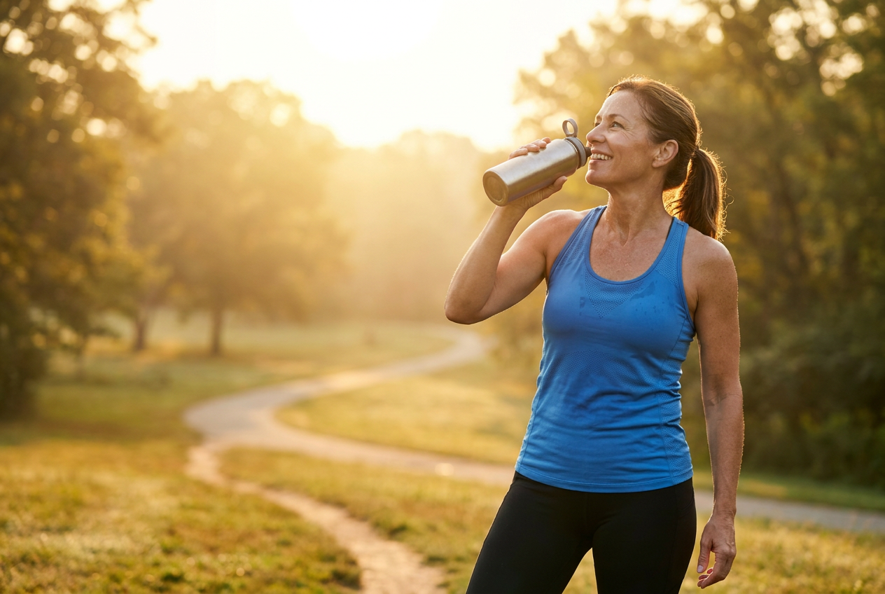 Energieke vrouw drinkt water na het sporten op keto