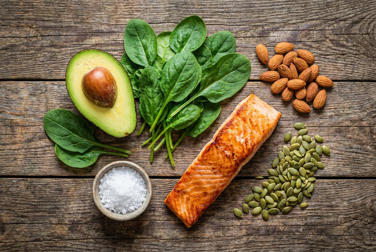 Elektrolytenrijke keto voeding: avocado, spinazie, zalm, amandelen en pompoenpitten