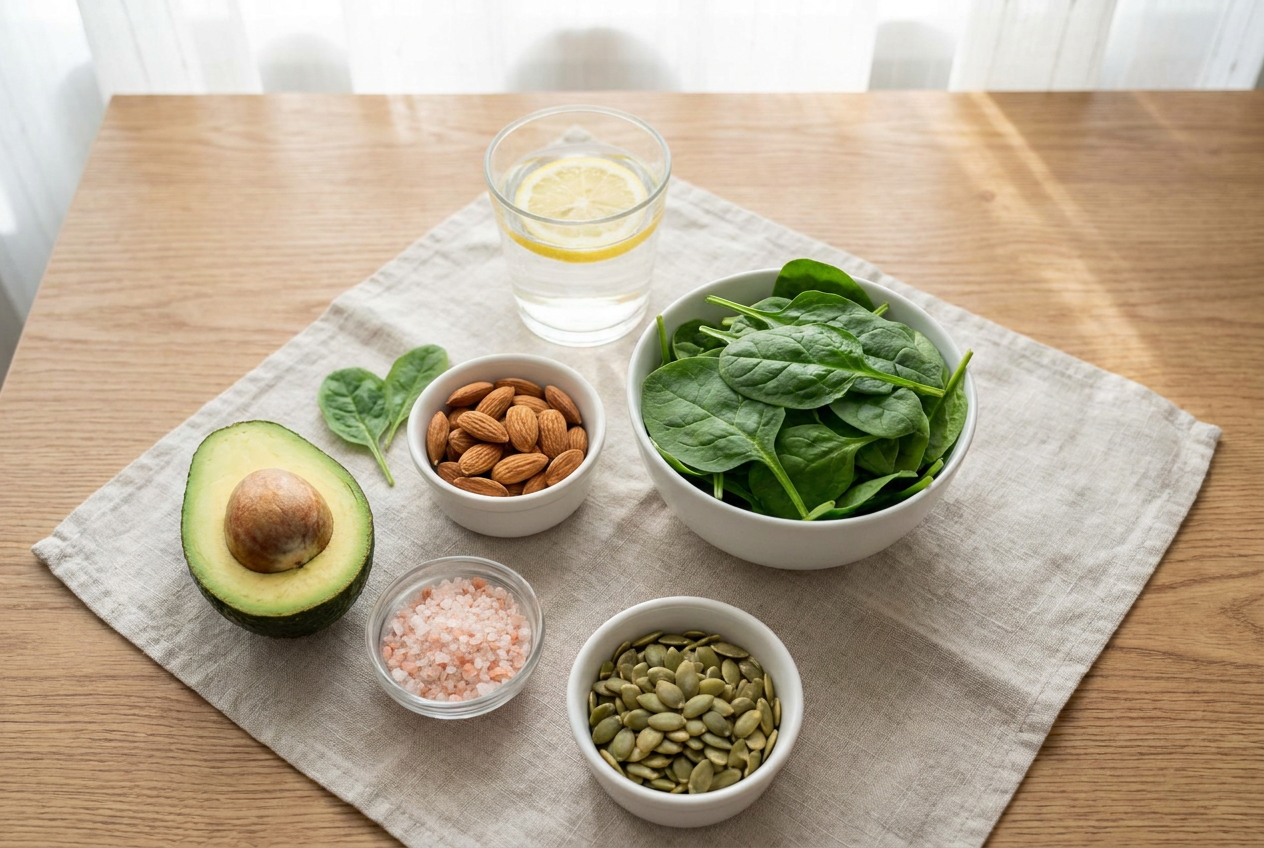 Elektrolytenrijke keto voeding met zout, avocado, spinazie en noten