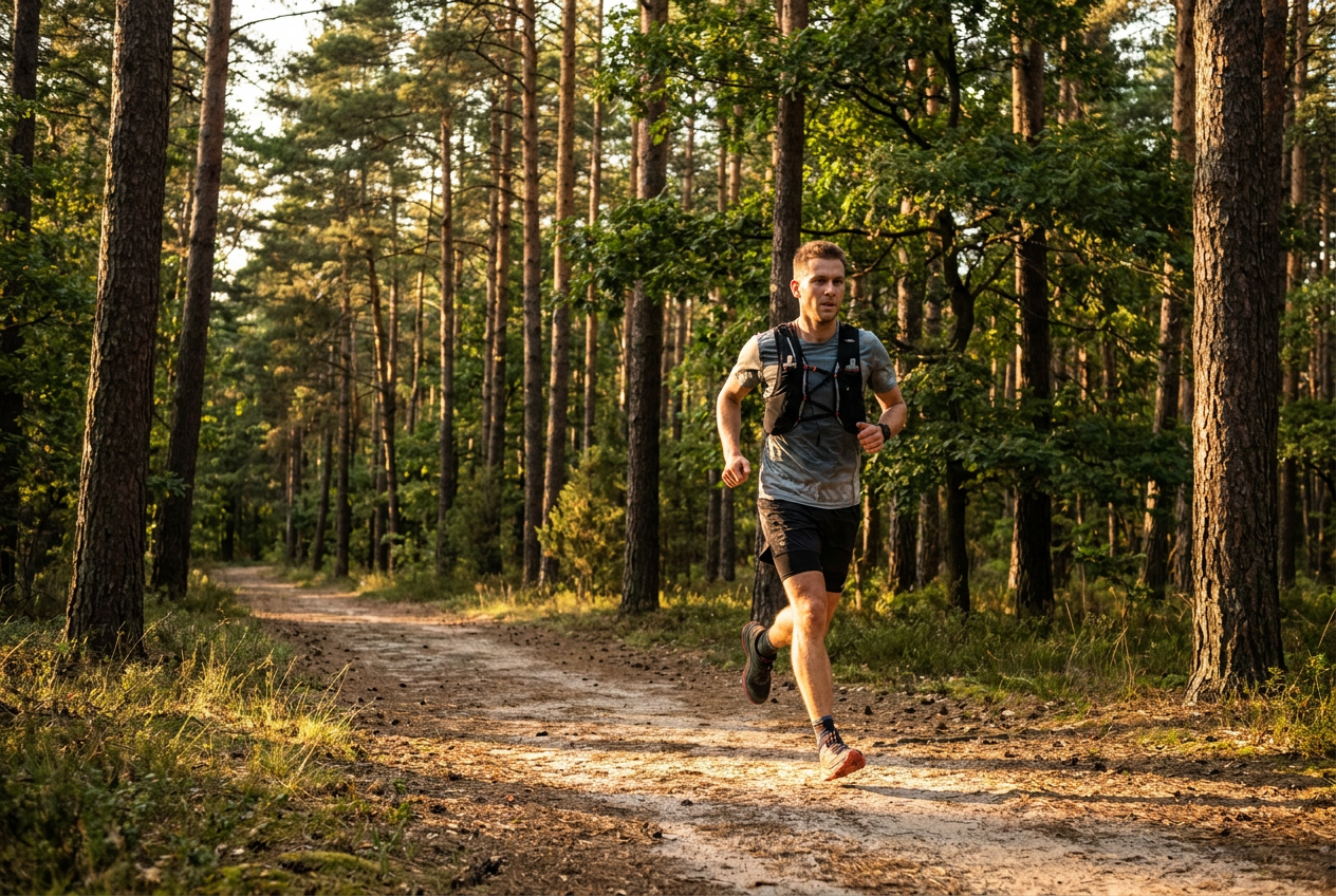 Man die hardloopt op een bospad, duursport op keto