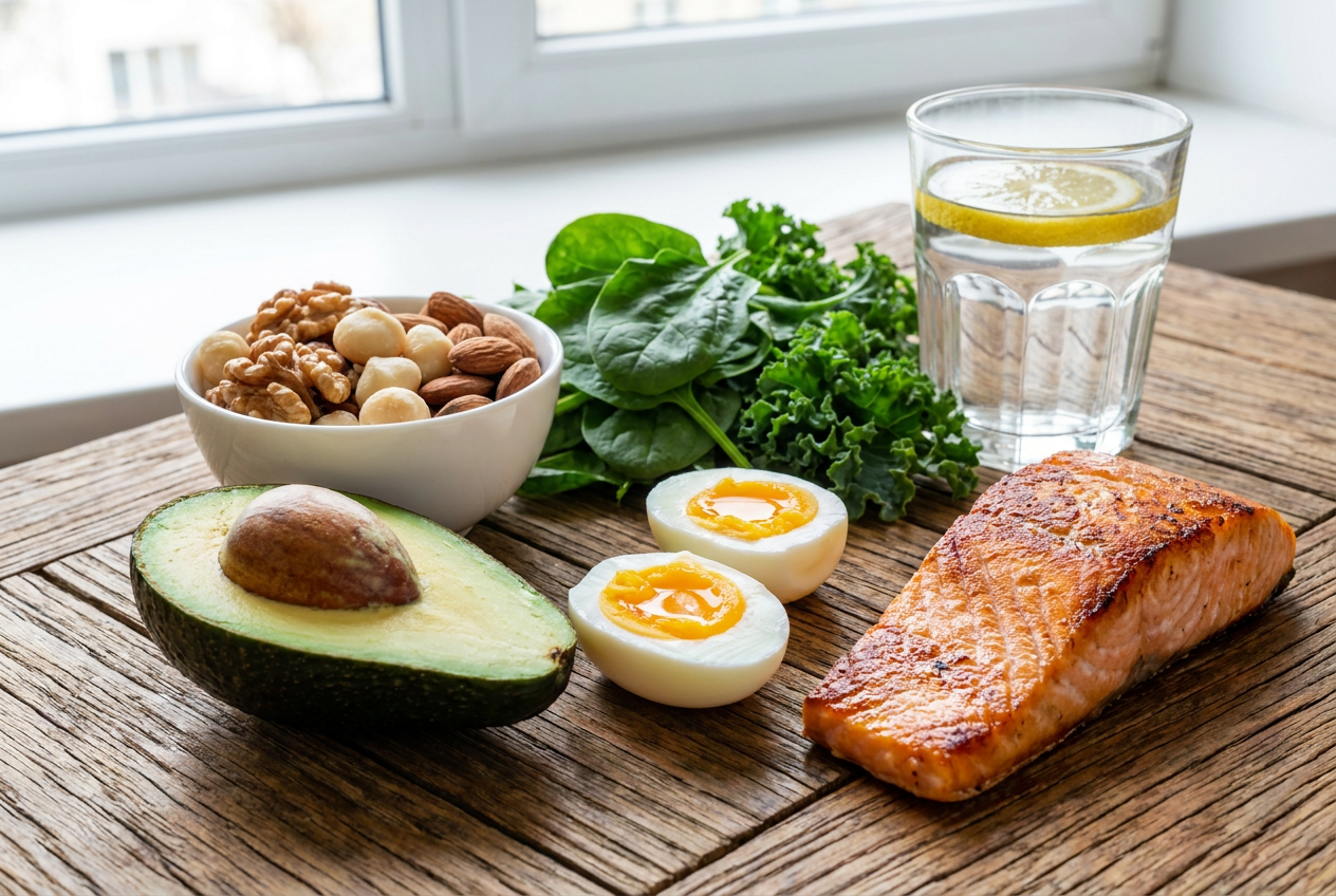 Keto voeding voor sporters met avocado, eieren, zalm en noten