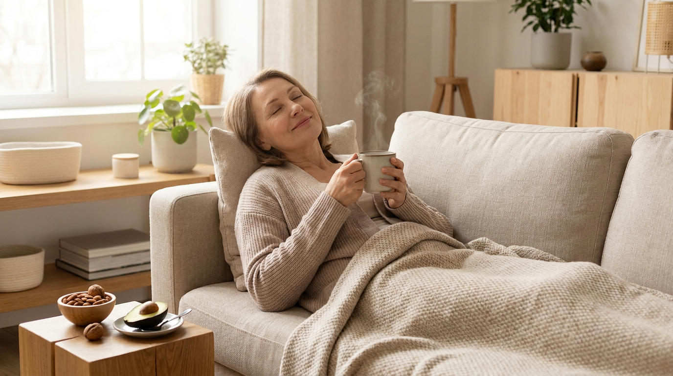 Vermoeide vrouw met thee op de bank tijdens keto griep