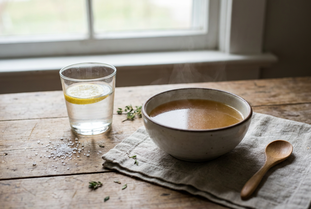 Water met zout en bottenbouillon voor hydratatie bij keto griep