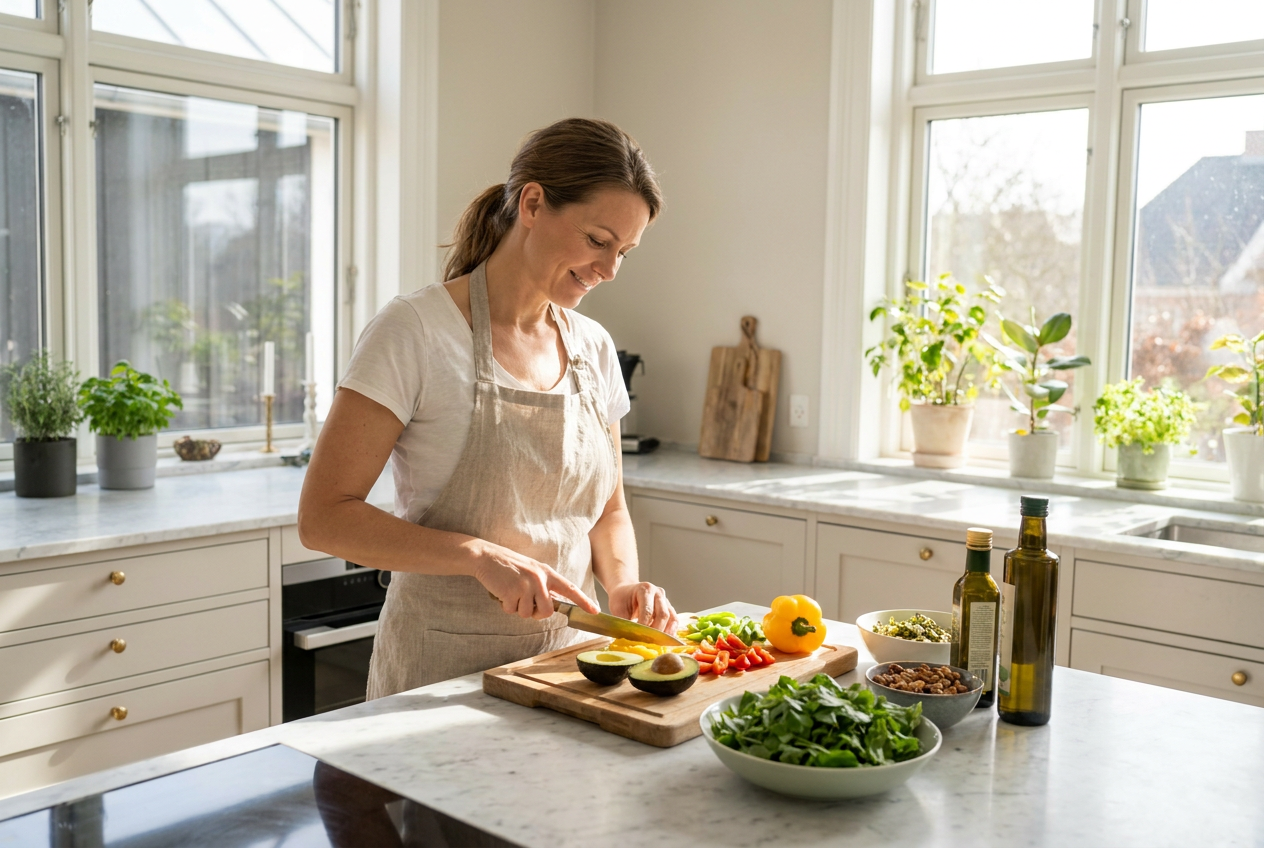 Vrouw bereidt een gezonde keto maaltijd met avocado en groenten