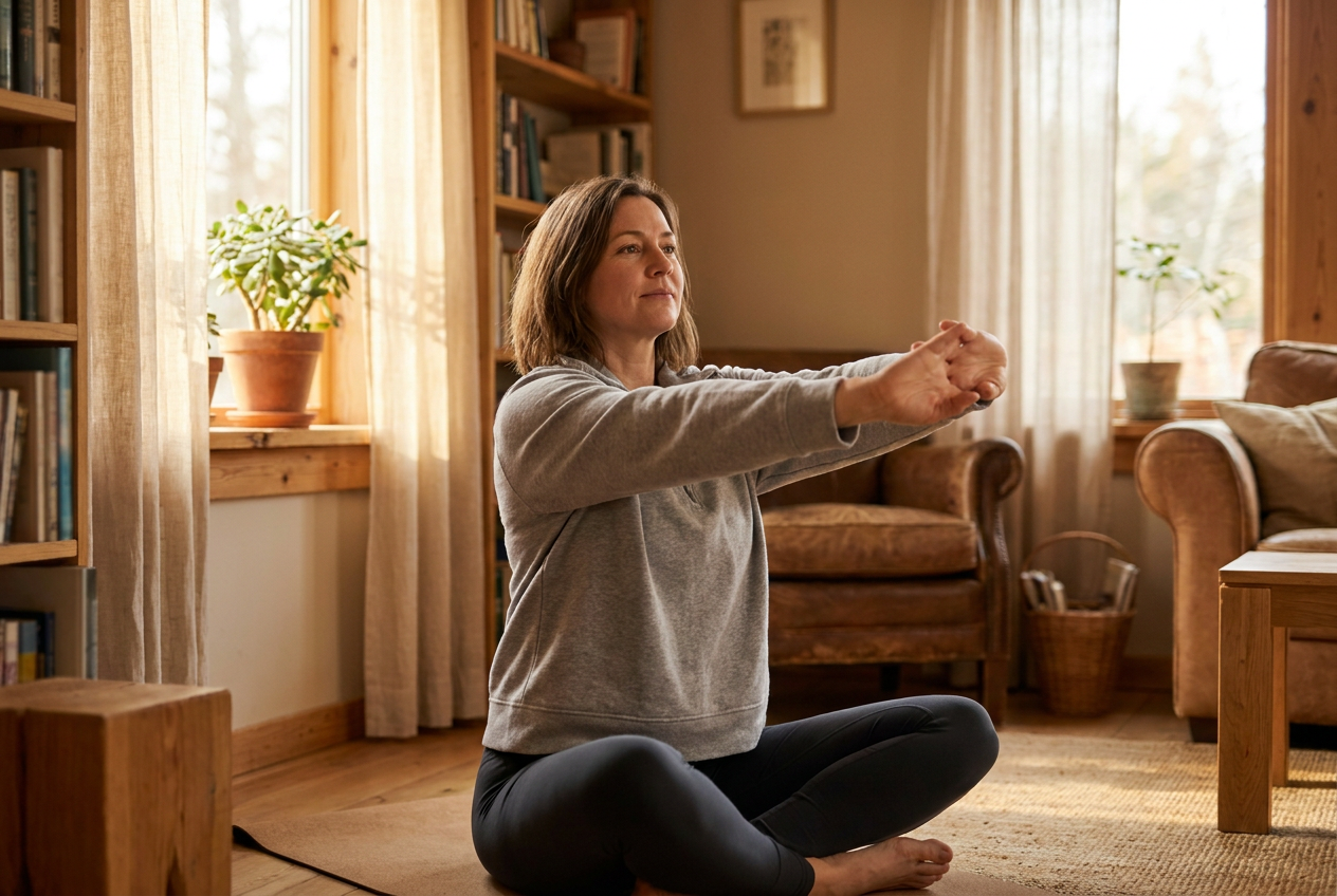 Vrouw doet yoga als onderdeel van een gezonde keto lifestyle bij schildklierondersteuning