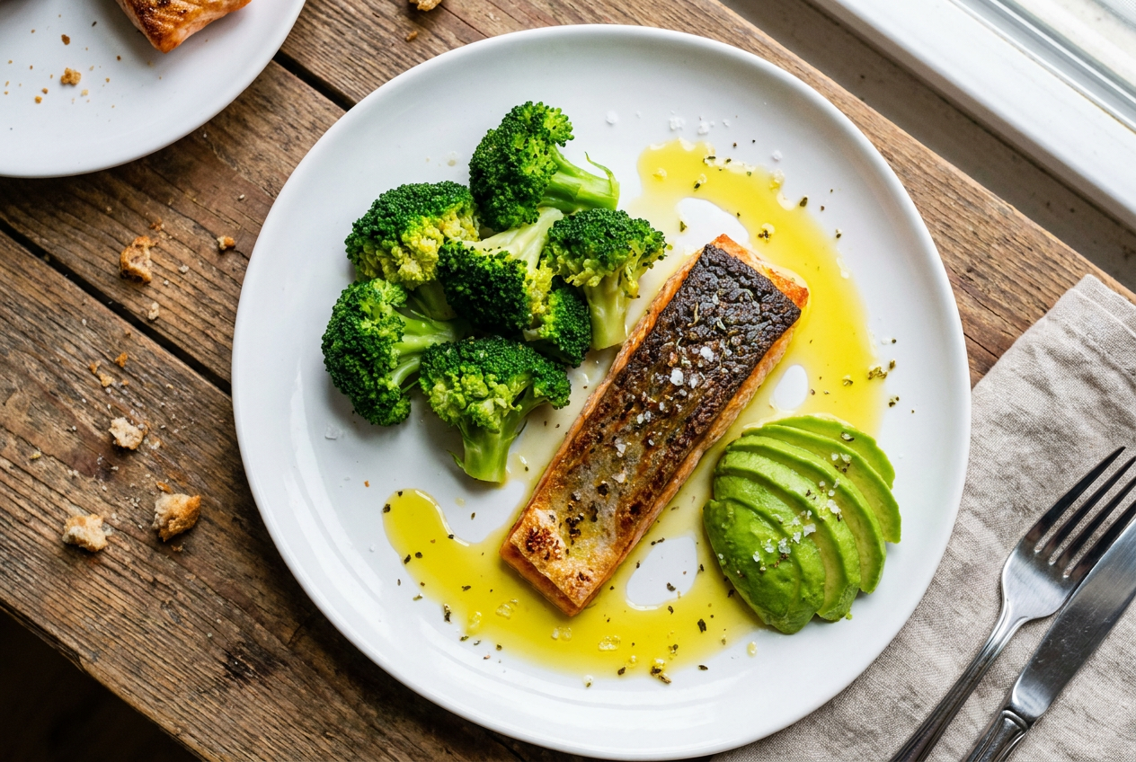 Gezonde keto maaltijd met gestoomde broccoli, zalm en avocado voor schildklierondersteuning