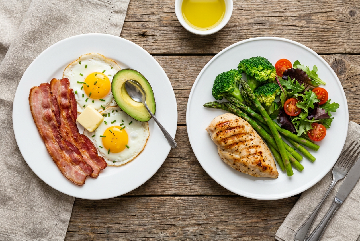 Keto bord naast een koolhydraatarm bord op een houten tafel