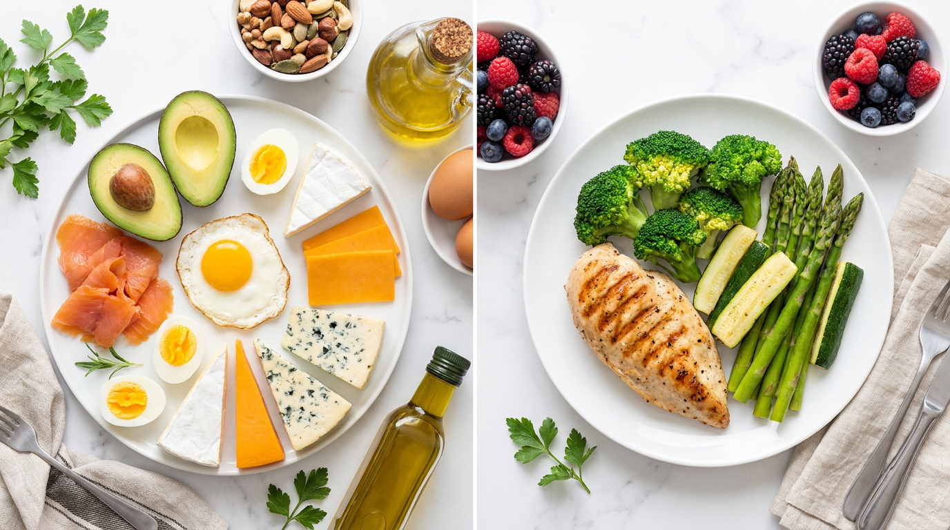 Keto maaltijd versus koolhydraatarme maaltijd op een lichte ondergrond