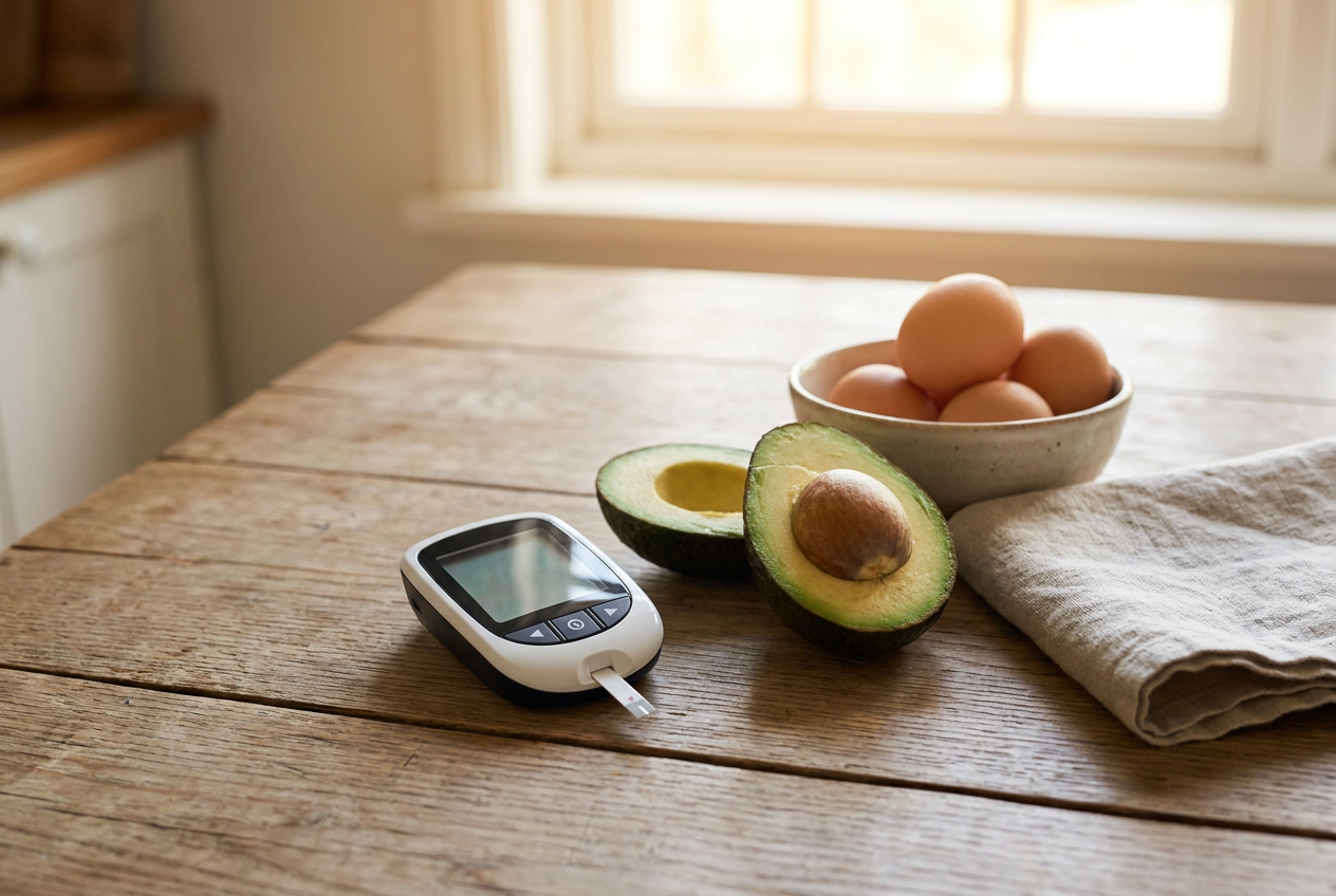 Bloed ketonenmeter met teststrip naast keto voeding om ketose te meten