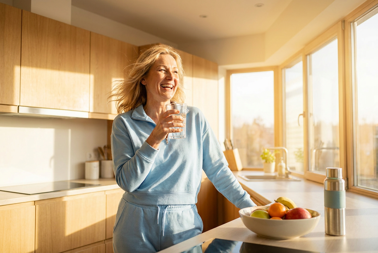Vrouw drinkt water en voelt zich energiek in ketose