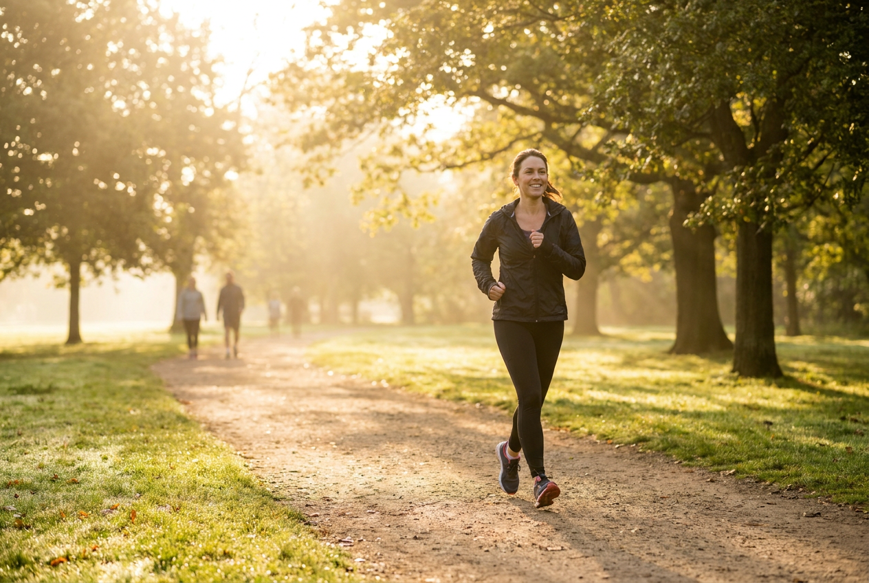 Vrouw wandelt buiten in het park om sneller in ketose te komen
