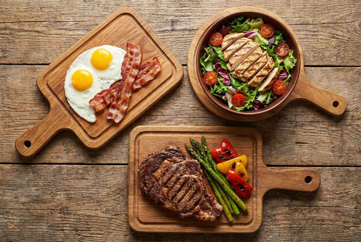 Keto dagmenu met eieren en spek, salade met kip en biefstuk met groenten