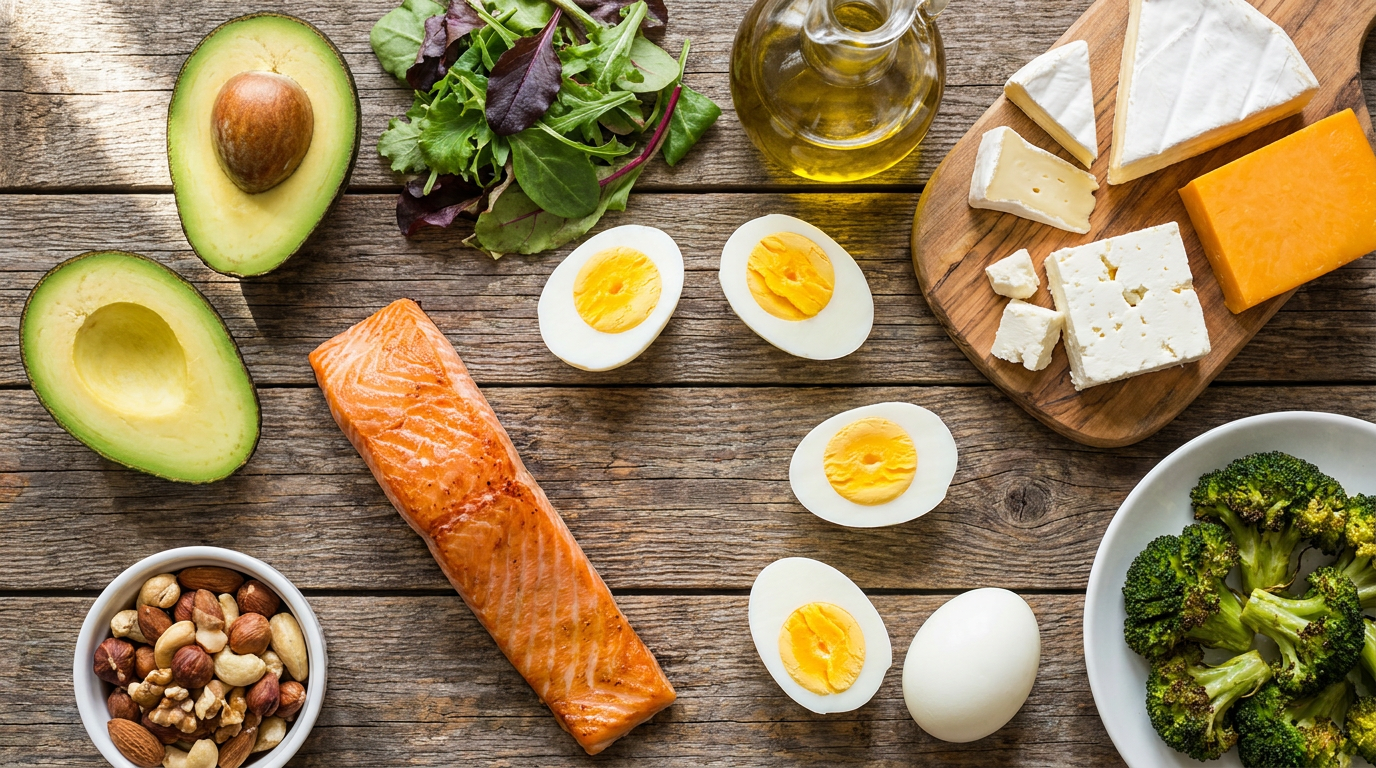 Overzicht van keto voeding: avocado, zalm, eieren, groenten, kaas en noten op een houten tafel