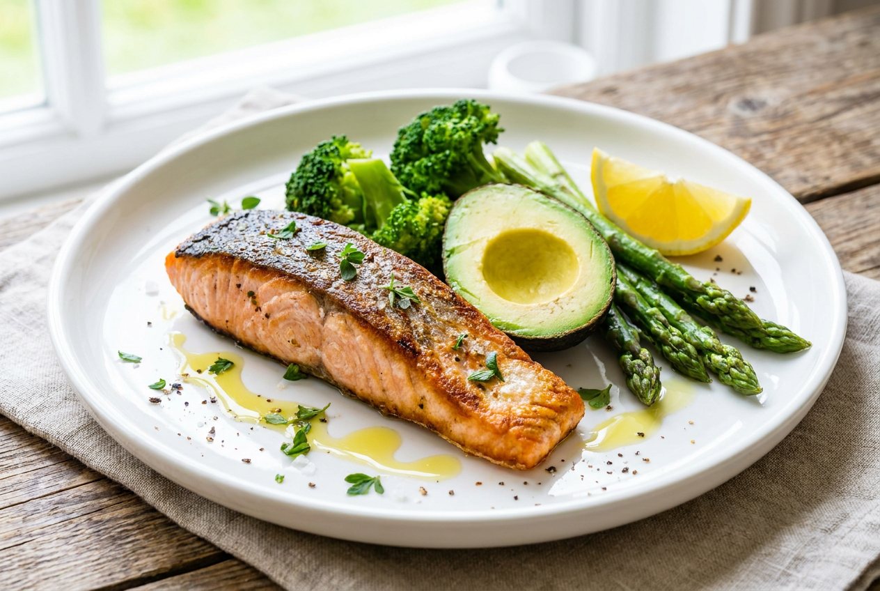 Gezonde keto maaltijd met gegrilde zalm, avocado, broccoli en asperges