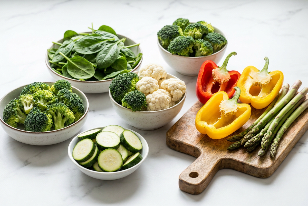 Verse koolhydraatarme keto groenten zoals spinazie, broccoli, bloemkool en courgette
