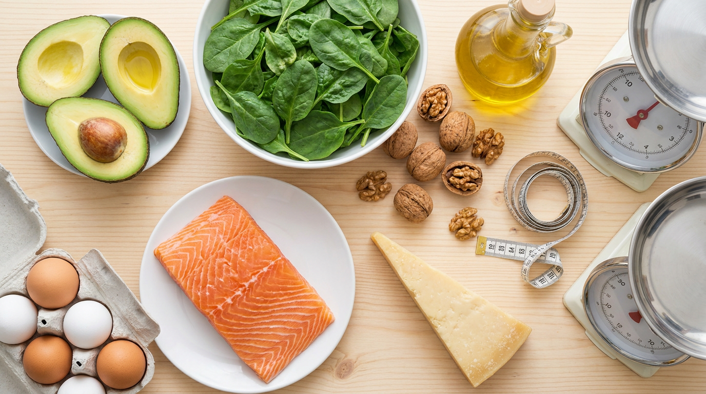 Keto voeding met meetlint en weegschaal op een houten tafel