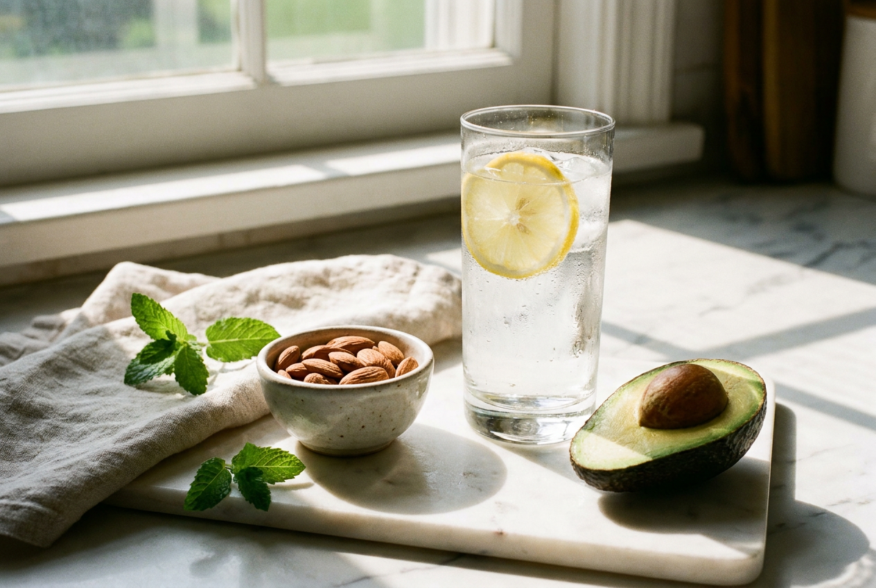 Glas water met citroen en gezonde keto snacks voor goede hydratatie