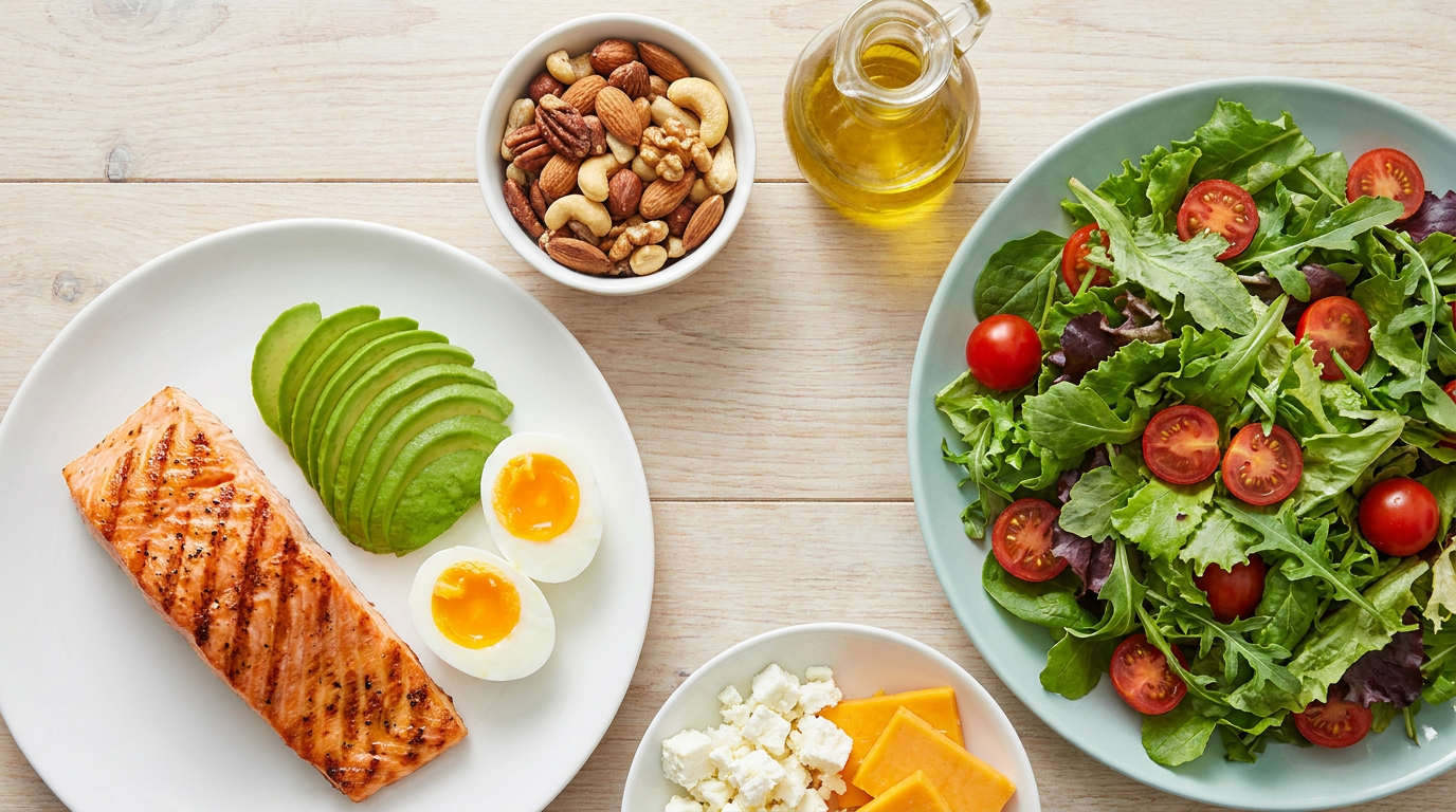 Gezonde keto voeding met avocado, zalm, eieren, noten en olijfolie op een houten tafel
