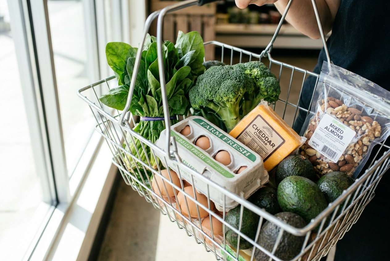 Keto boodschappen in een winkelmandje in de supermarkt