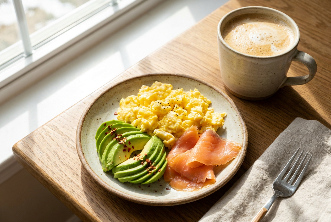 Keto ontbijt met eieren, avocado, zalm en koffie tegen buikvet