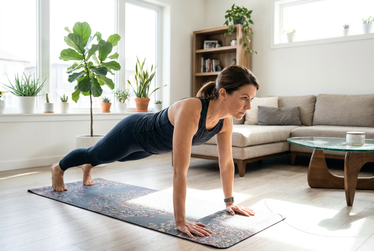 Vrouw doet een plank oefening thuis om buikvet te verbranden met keto