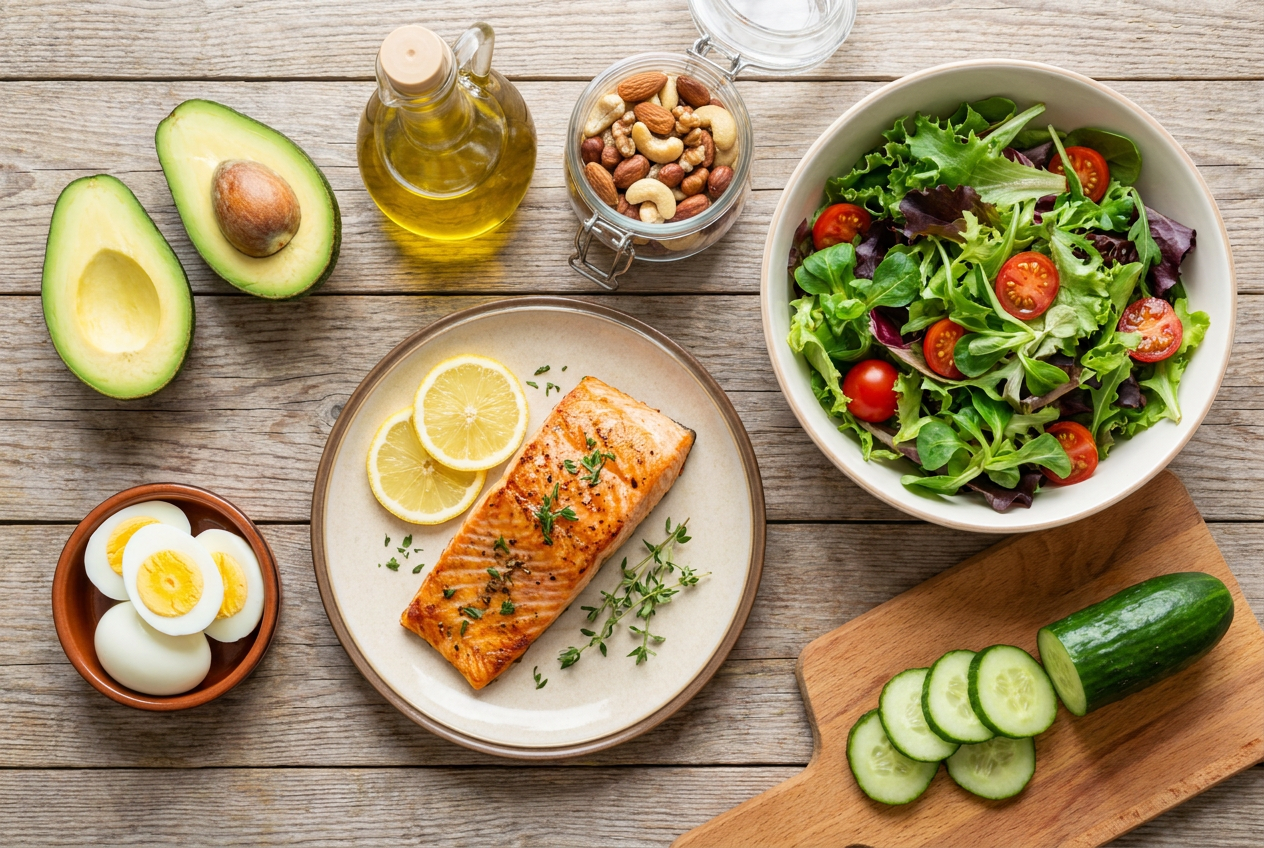 Keto voeding tegen buikvet: avocado, zalm, eieren, noten en groenten