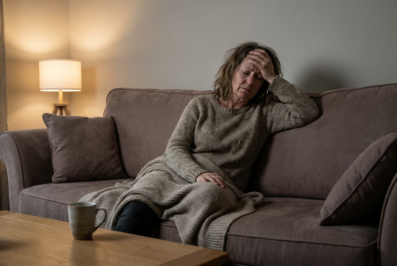 Vrouw met keto griep hoofdpijn en vermoeidheid tijdens eerste week keto