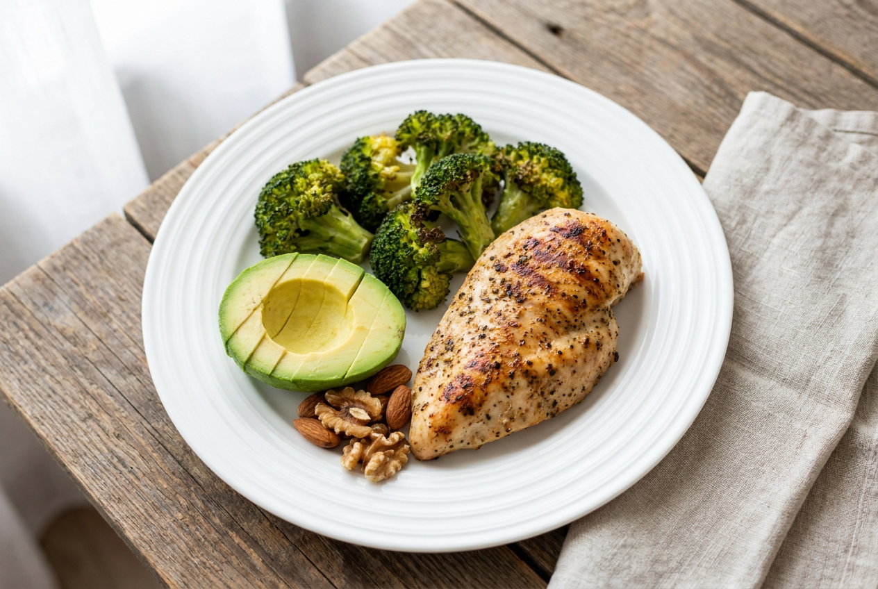 Gebalanceerd keto bord met kip broccoli avocado en noten