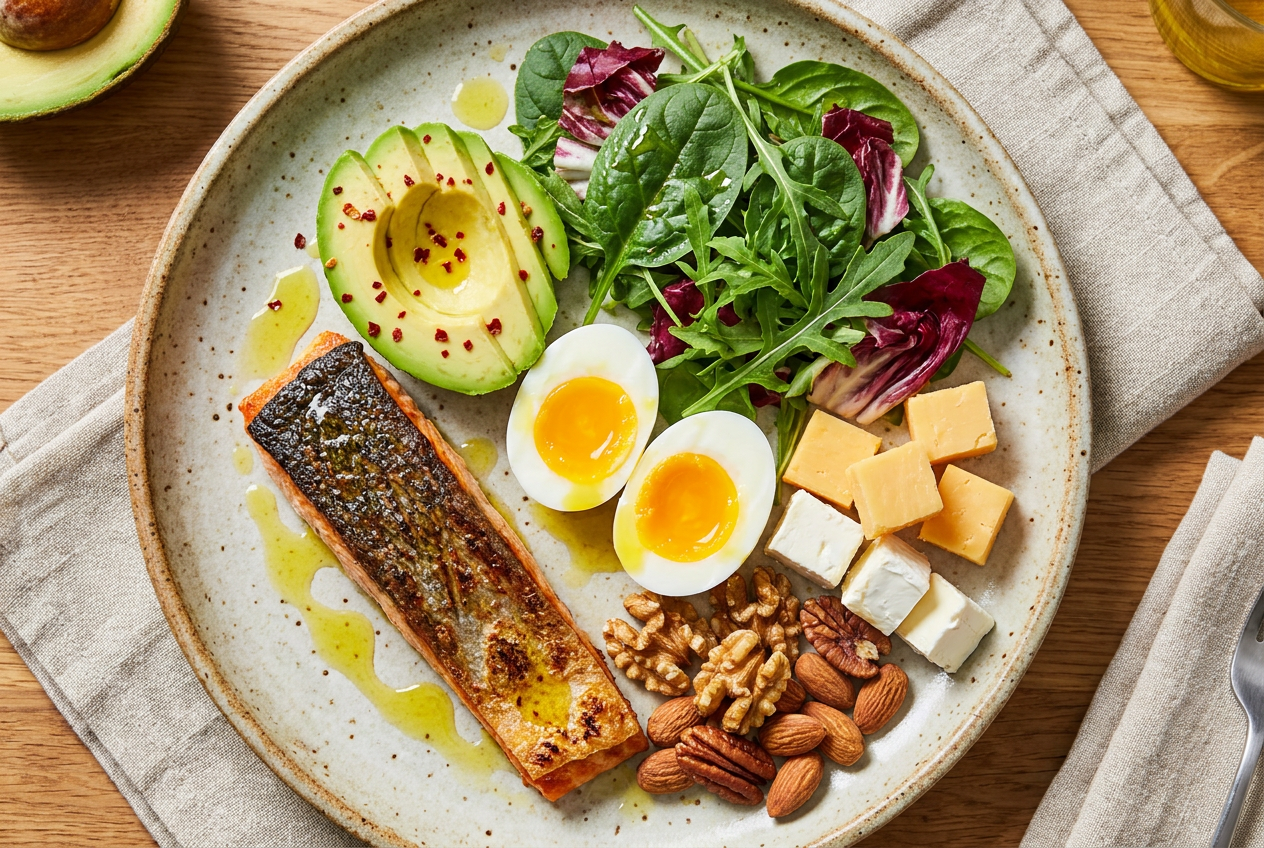 Keto bord met zalm, avocado, eieren, kaas en noten