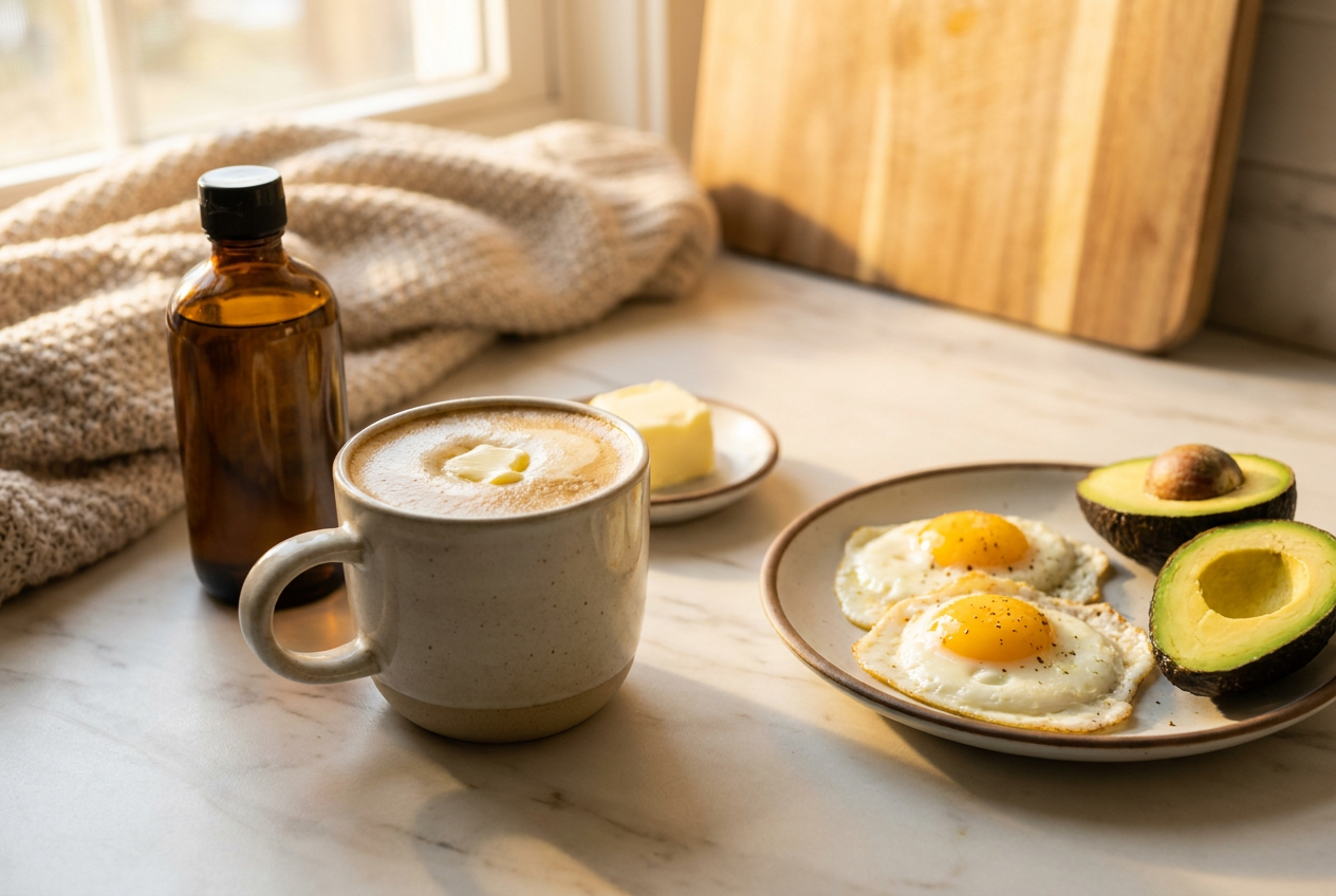 Bulletproof koffie met roomboter en MCT olie naast avocado en eieren