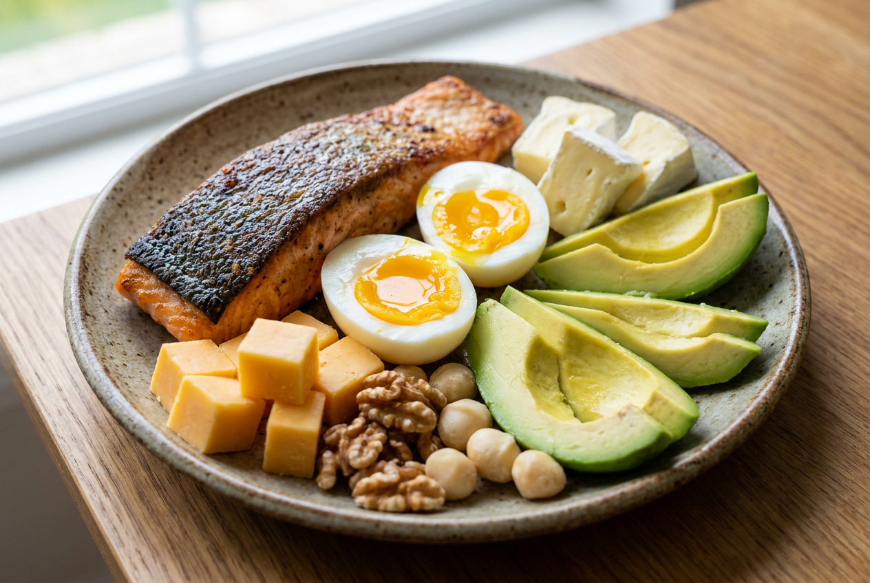 Keto voeding met zalm, eieren, avocado, kaas en noten op een bord