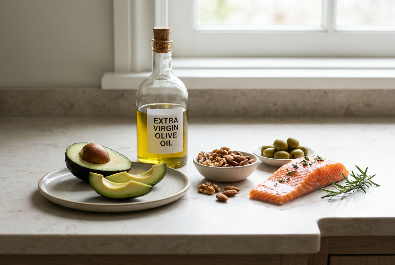 Gezonde onverzadigde vetten zoals olijfolie, avocado, noten en vette vis