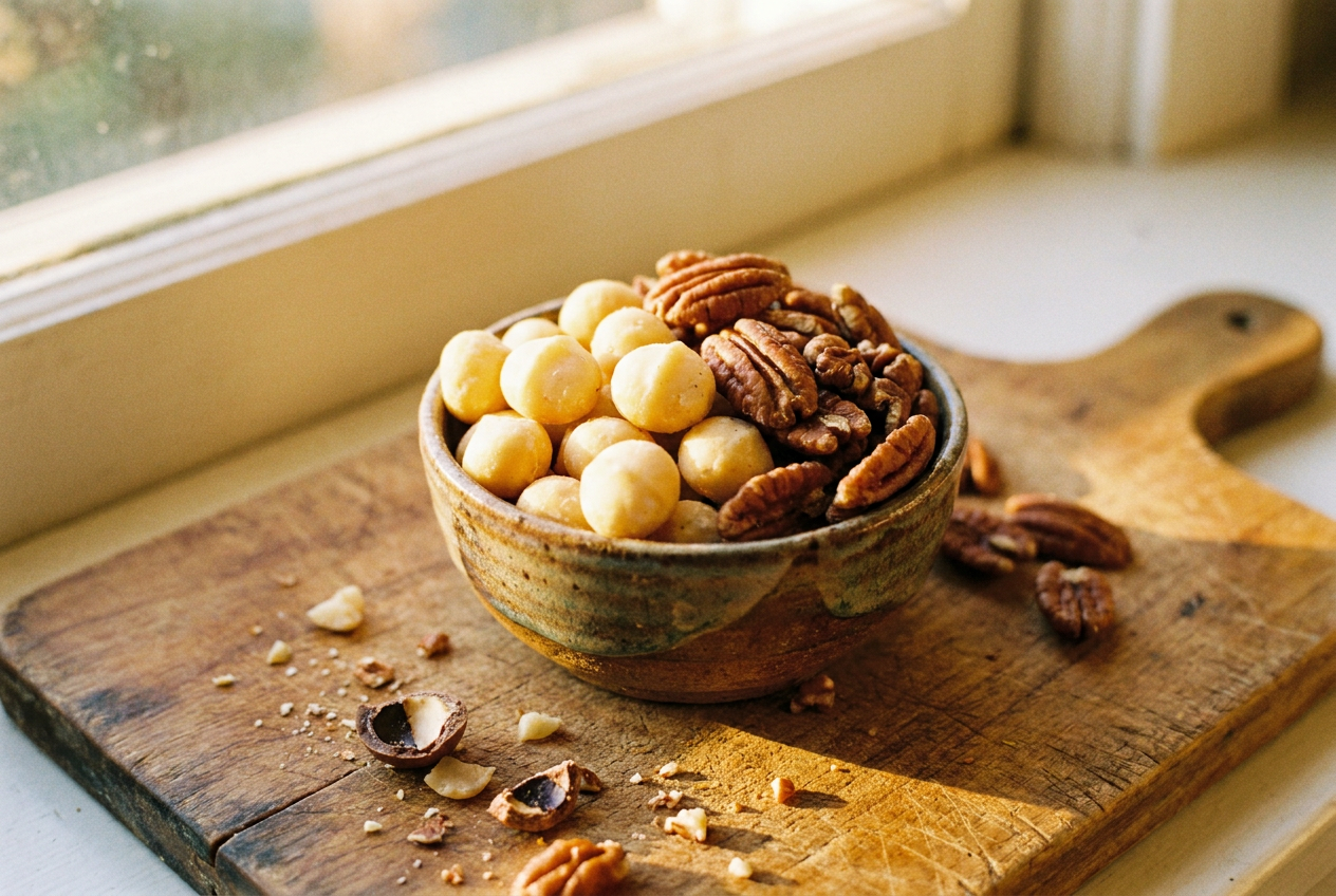Macadamianoten en pecannoten, de laagste in koolhydraten voor keto