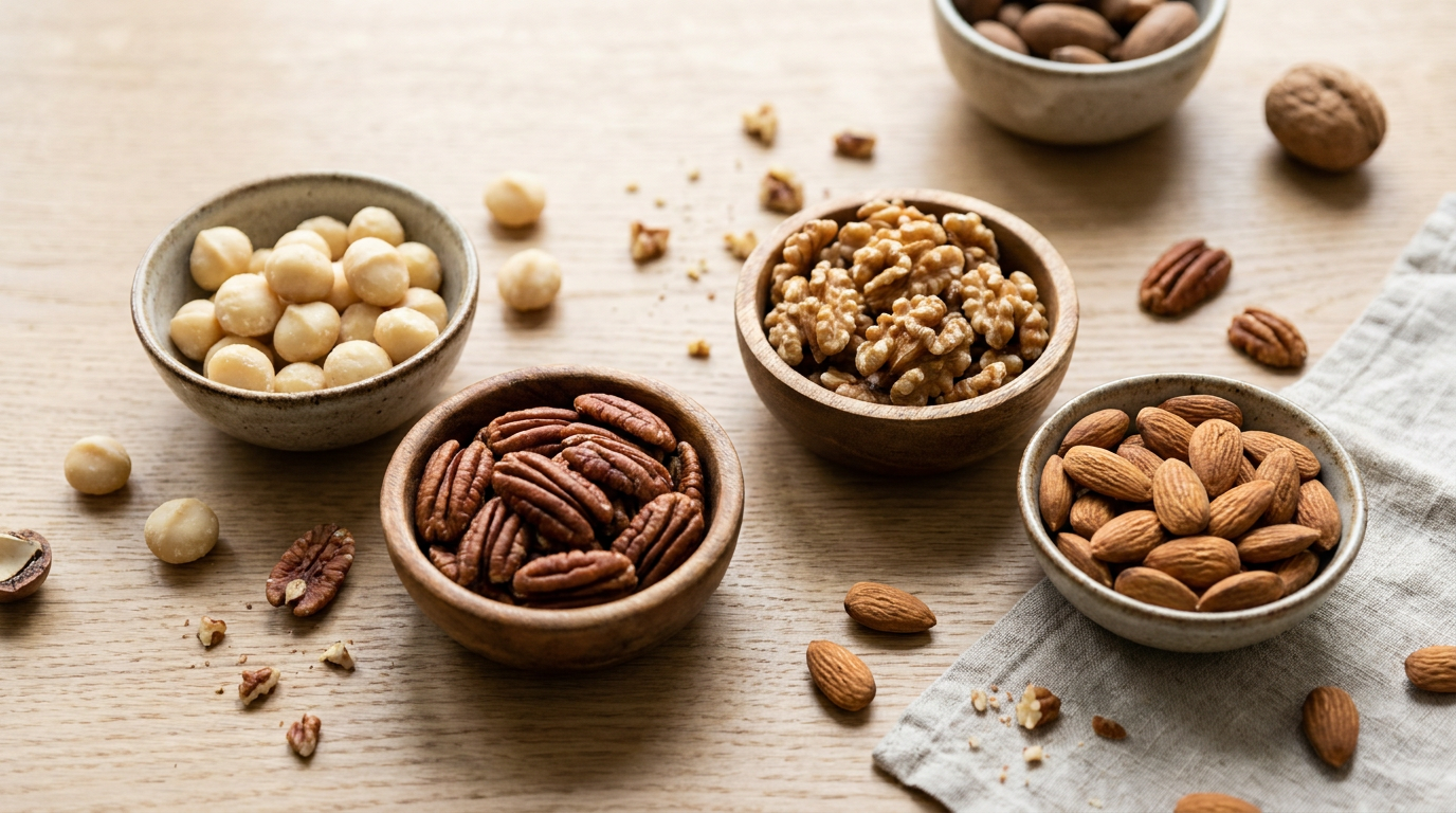 Verschillende keto noten in kommetjes: macadamia, pecan, walnoten en amandelen