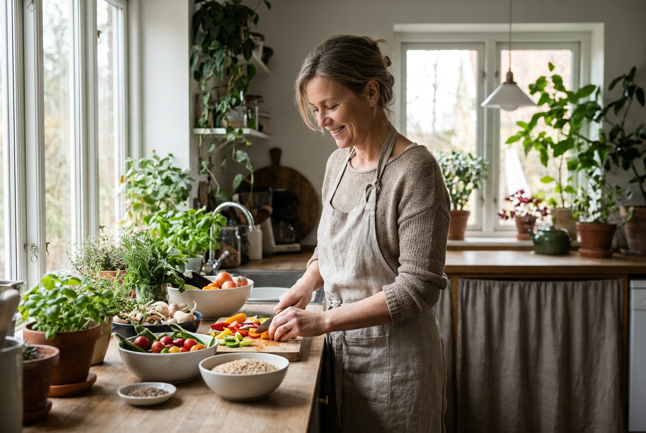 Vrouw kiest in de keuken tussen keto en mediterrane ingredienten