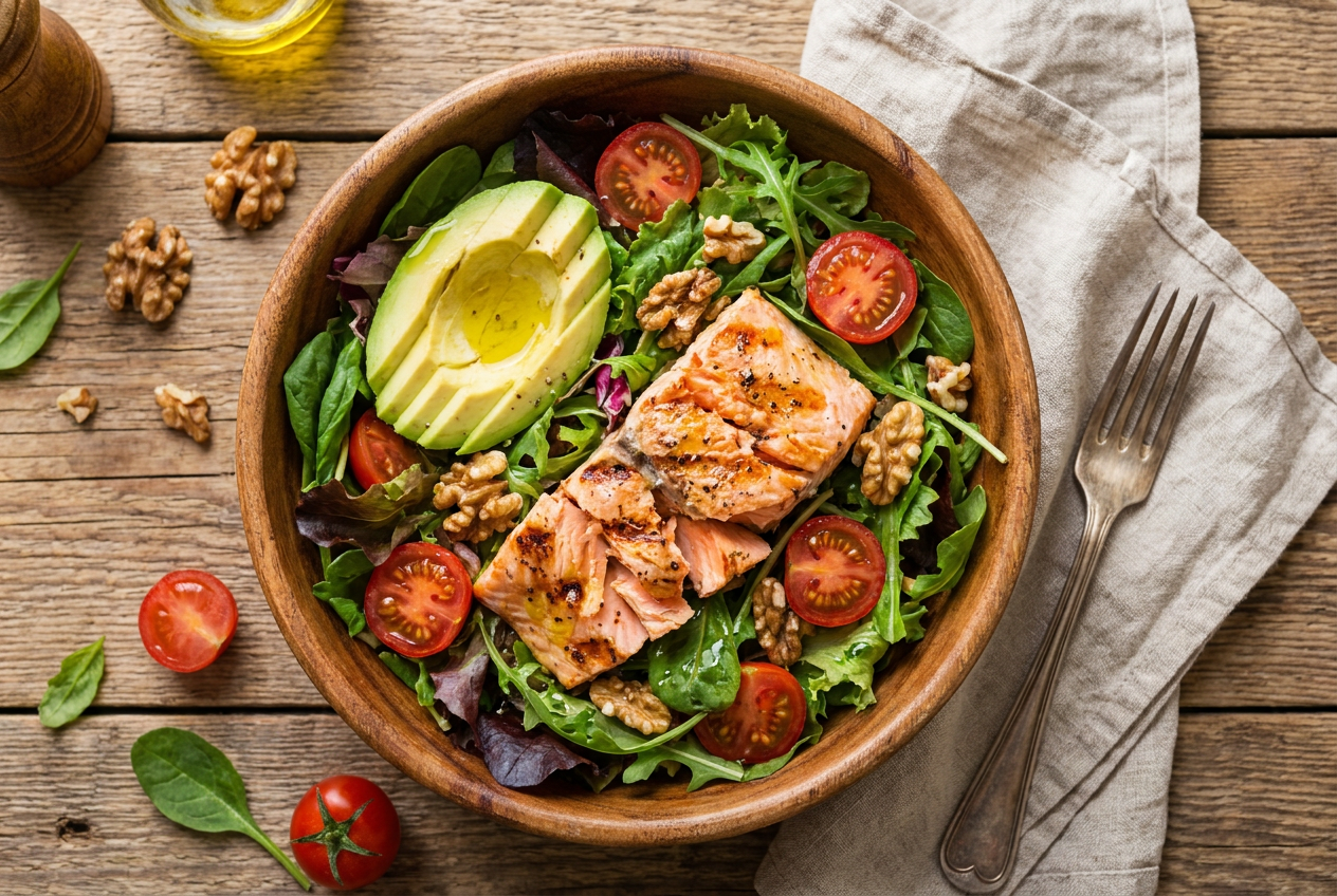 Keto ontstekingsremmende salade met zalm avocado en walnoten