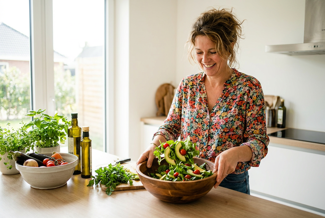 Vrouw bereidt een gezonde keto salade met avocado en bladgroente in de keuken
